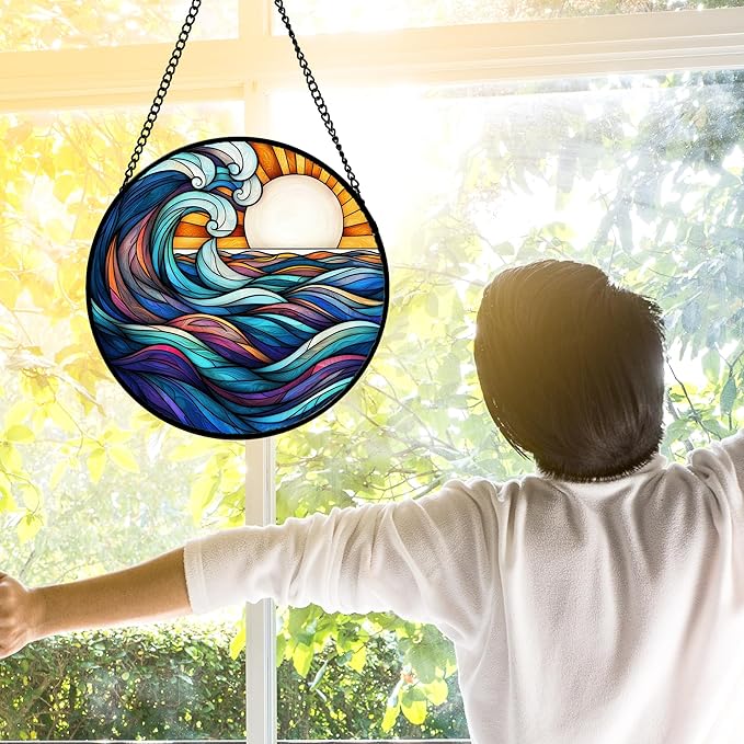 DASTOLL Stained Glass Window Hanging, Big Wave Sun Suncatcher Diamond Glass