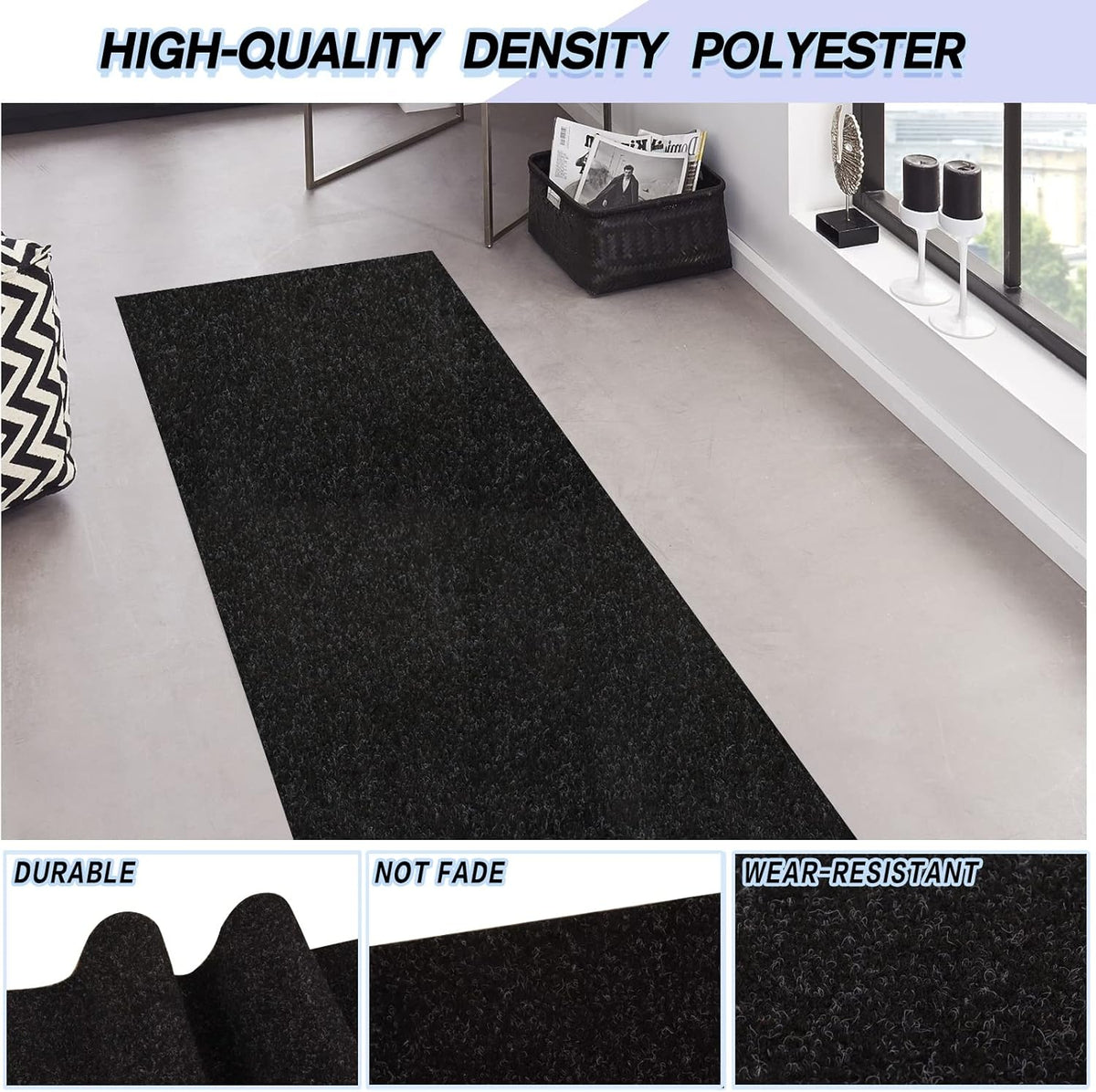 Custom Size Backed Non-Slip Area Rugs Runner, Easy Clean, Waterproof Runner Rugs for Hallway Entryway, Kitchen, Laundry, 4FT x 38FT, Black