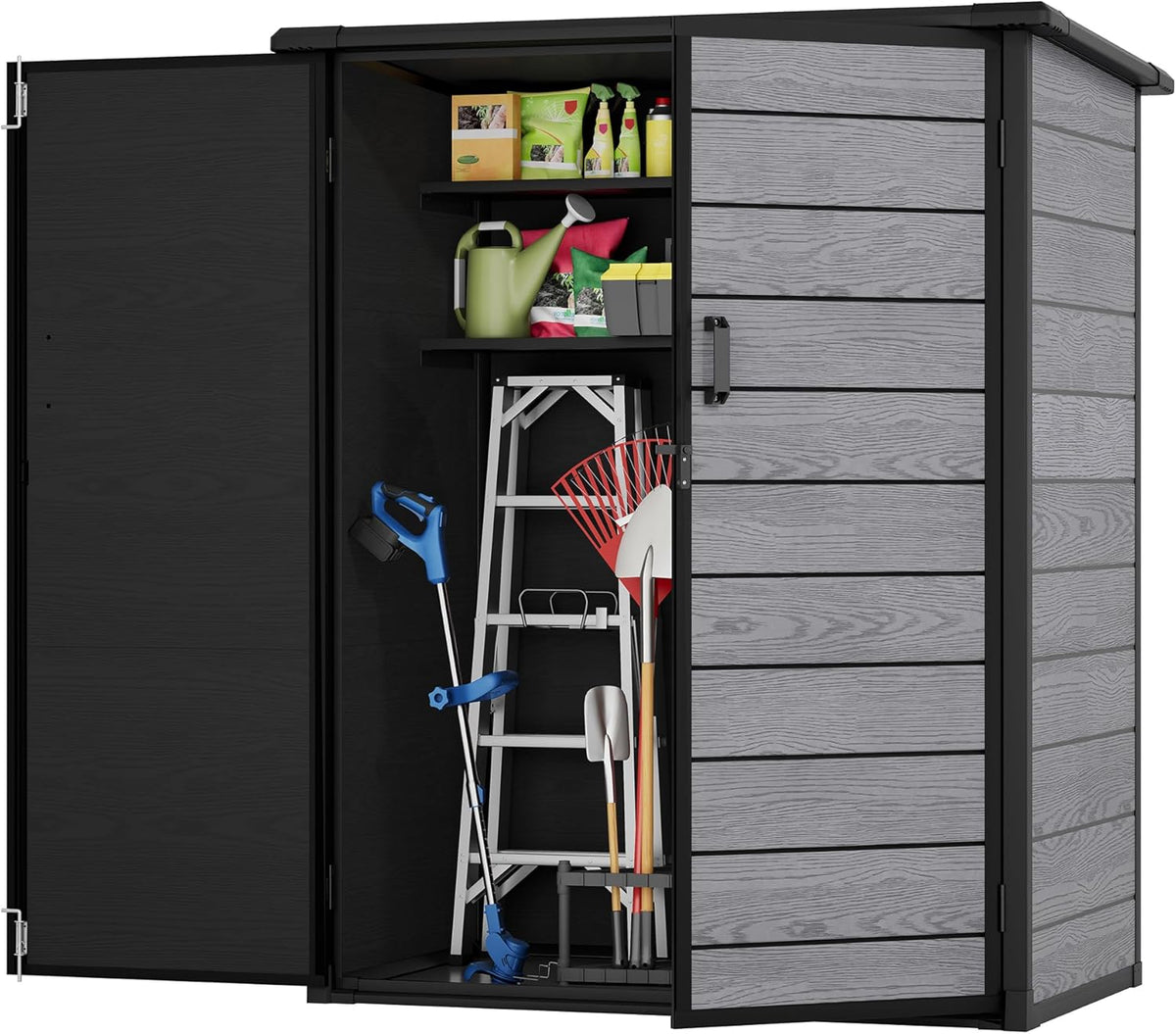 Outdoor Storage Shed, 56.8 Cu.Ft Resin Shed, 4.6 x 5.6 FT Waterproof Garden Tool Shed with Double Doors & Adjustable Shelves, Backyard Storage Cabinet for Tools, Bikes & Patio Furniture (Darkgray)