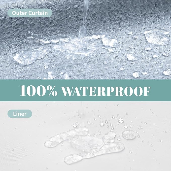 eachope FrostBlue Extra Long No Hook Waffle Weave Shower Curtain with snap-in Liner Replacement, 230GSM Waterproof Fabric Hotel Shower Curtain Set for Bathroom, Through Mesh Top Window,71Wx86H