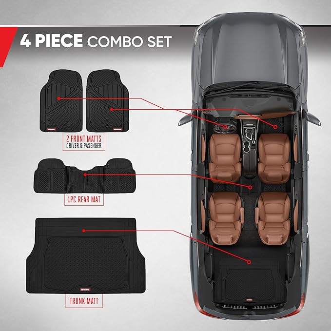 Motor Trend FlexTough Performance All Weather Rubber Car Mats with Cargo Liner - Full Set Front & Rear Floor Mats for Cars Truck SUV, Automotive Floor Mats (Black)