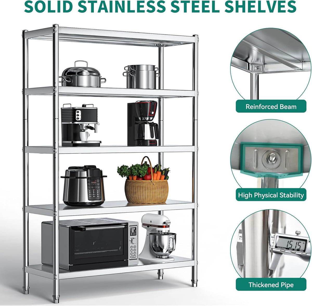 YITAHOME NSF Stainless Steel Shelves, 48"*18"*72" 5 Tier Storage Shelf, Heavy Duty Shelving for Kitchen Garage Office Restaurant Warehouse, 201 Bright Silver