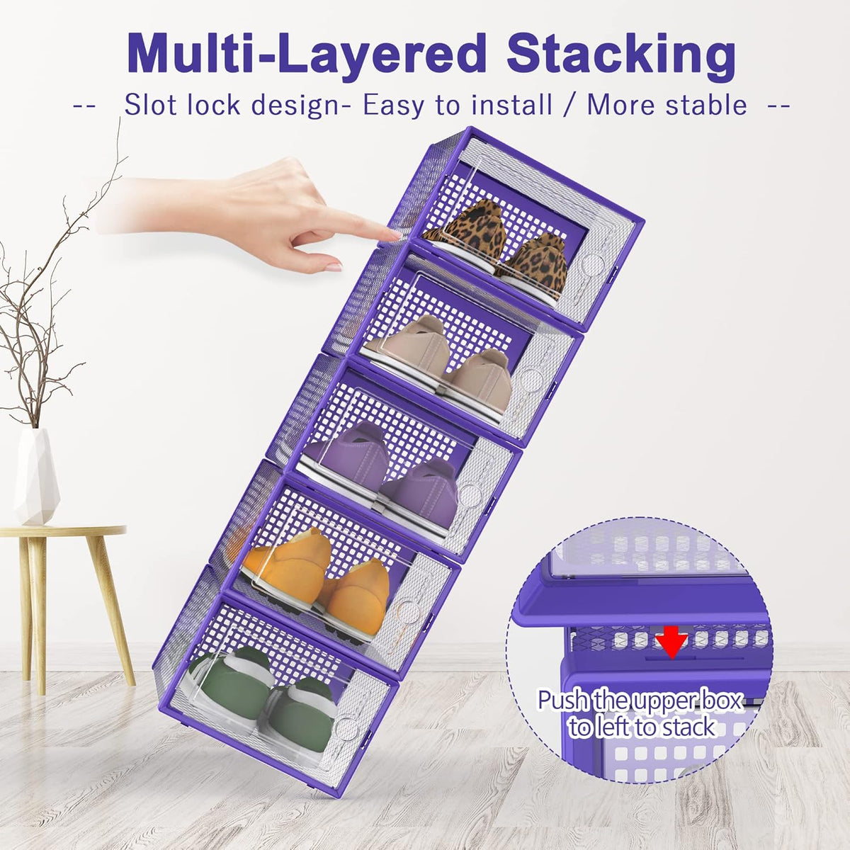 Kuject Shoe Organizers Storage Boxes for Closet, 12 Pack Clear Plastic Stackable Storage Bins with Lids, Under Bed Shoe Containers for Entryway, Drop Front, Fit up to Women's Size 10,Purple