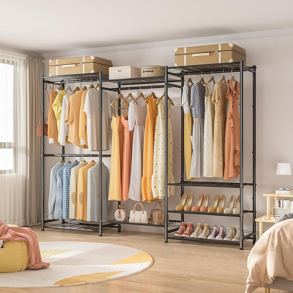 Wardrobe Closet Heavy Duty Clothes Rack, Portable Closet Organizer System with 4 Hang Rods & 8 Shelves, Metal Clothing Rack Garment Rack for Hanging Clothes, Max Load 890 LBS