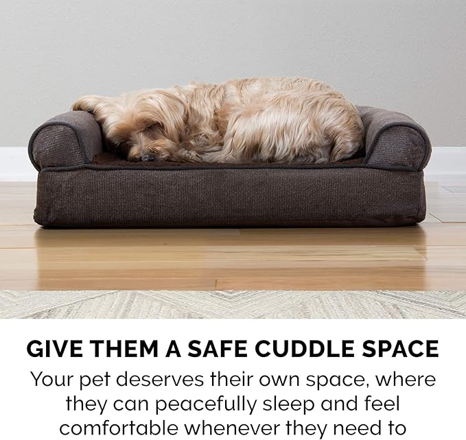 Furhaven Cooling Gel Dog Bed for Medium/Small Dogs w/ Removable Bolsters & Washable Cover, For Dogs Up to 35 lbs - Sherpa & Chenille Sofa - Coffee, Medium