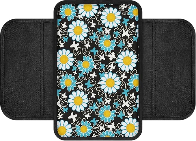 CLOHOMIN Blue Daisy Car Center Console Cover with Side Pockets Butterfly Car Arm Rest Cushion Pad Auto Interior Accessories Easy to Install Auto Armrest Cover Pad