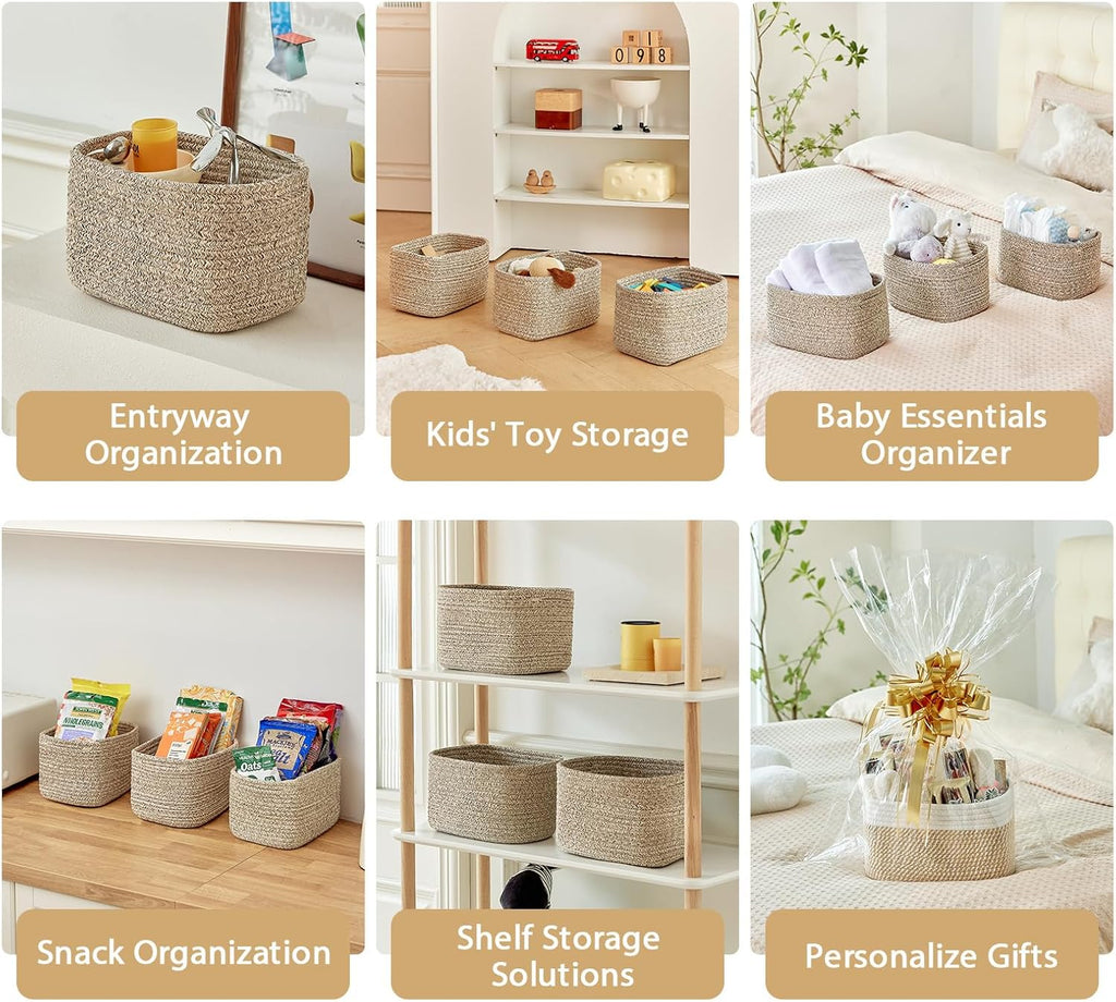 Small Cotton Rope Basket – Storage Bin for Organizing (10.6" x 6.7" x 6.7"), Bathroom Storage Basket for Shelf, Counter & Closet（Beige）