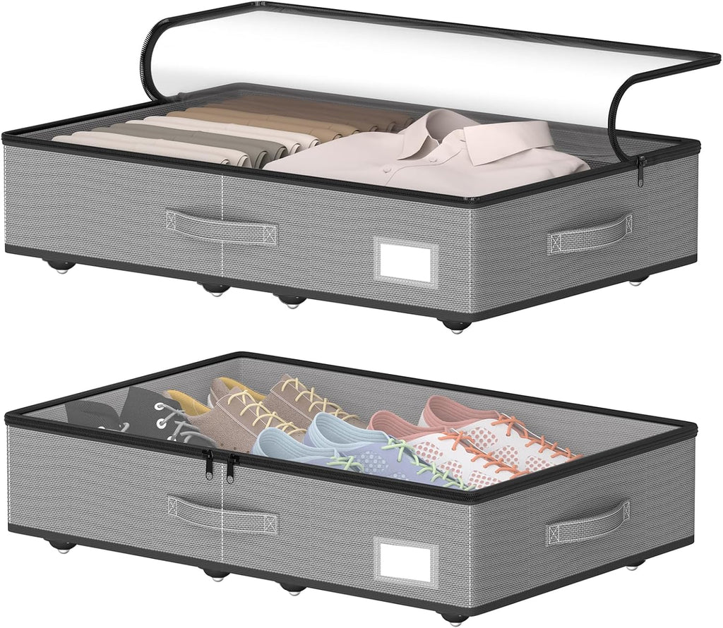Under Bed Storage with Wheels, No Assemble Required 5.5 inches height grey under bed storage bins,Low Profile Rolling Under bed Shoe Storage containers，dorm under bed storage drawers