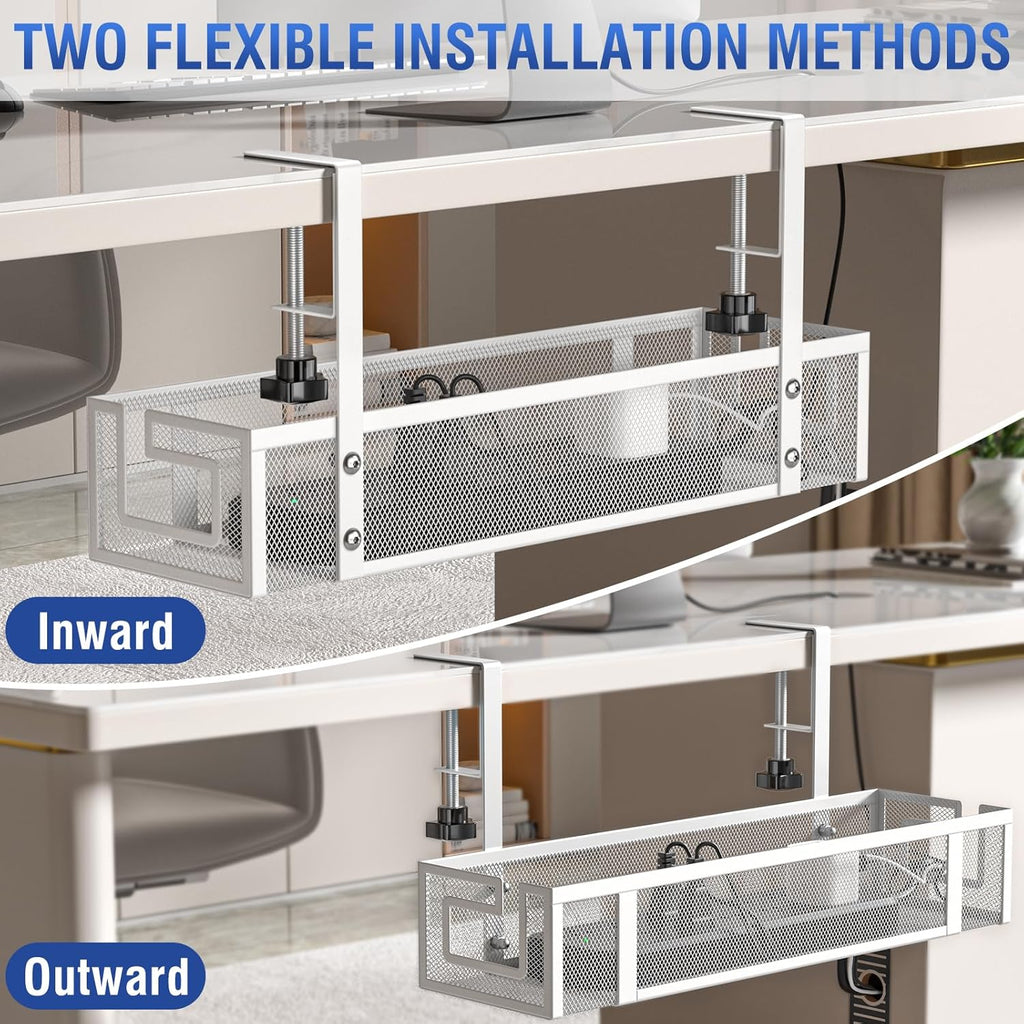 Under Desk Cable Management Tray - GZOKMOG No Drill Cord Organizer with Clamp, Reinforced Metal Mesh Workspace Organizers for Wire, Office Desk Accessories, 2 Pack White, 15.75 inch