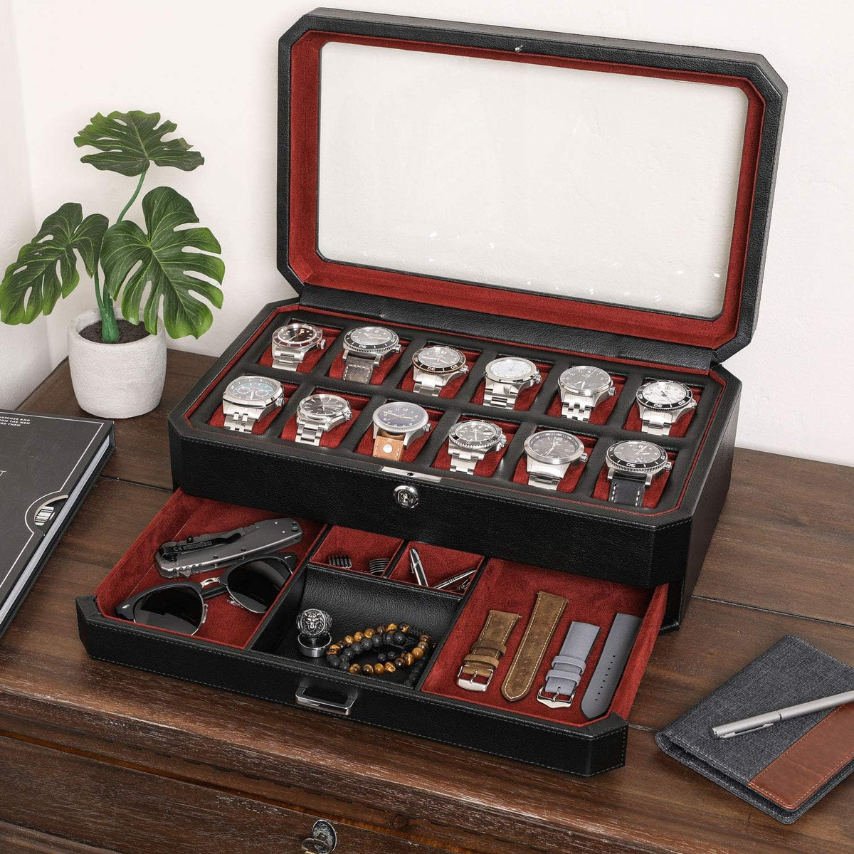 ROTHWELL 12 Slot Leather Watch Box with Valet Drawer - 12 Slot Luxury Watch Case Display Organizer, Microsuede Liner, Mens Accessories Holder, Jewelry Case, Jewelry Display Organizer (Black/Red)