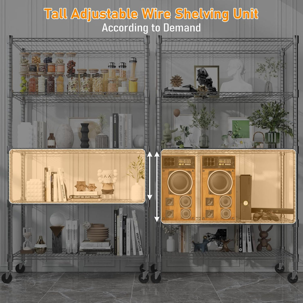 Himimi 5-Tier Heavy Duty Steel Wire Rack Storage Shelving, Adjustable Metal Storage Shelves with Wheels, 82''H Wire Shelf for Kitchen Garage Basement Pantry Organization, 18" D×36" W×82" H-Silver