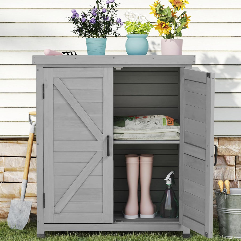 Outdoor Potting Bench with Storage Cabinet and Metal Top, Wood Workstation for Outdoor Patio, Garden (Classic Grey, 31x17x36‘’)
