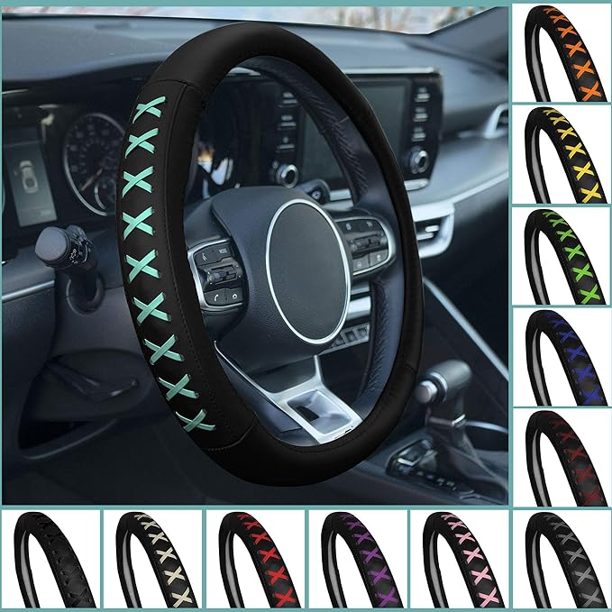 FH Group Universal Fit 15 Inch Genuine Leather with Lace-Up Detailing Steering Wheel Cover fits Most Cars, SUVs Mint
