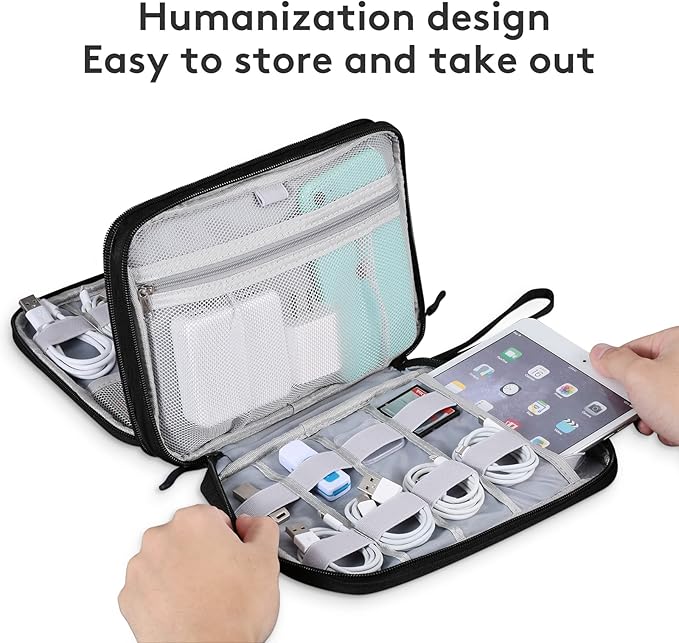 DDgro Travel Electronics Organizer Pouch Bag for Tech Gadgets & Airplane Accessories, for Cables/Cords & Chargers/iPad Mini (Large, Black)