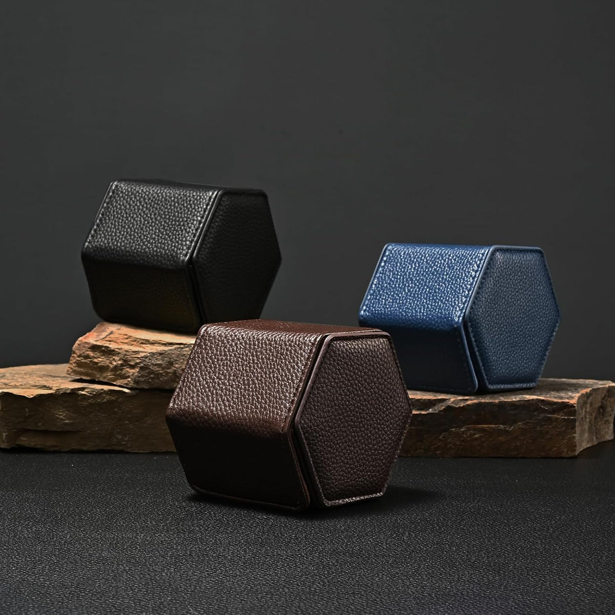 Oirlv Luxury Hexagonal Leather Watch Travel Case Single Watch Box for Men Portable Jewelry Storage Roll Organizer(1-Slot,Blue)