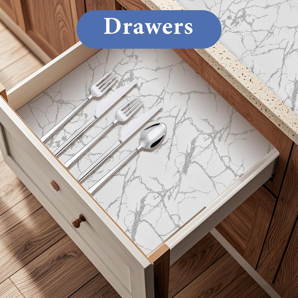 Drawer and Shelf Liner for Kitchen Cabinet: 12 in X 20 Ft Non Slip Waterproof Shelf Paper Non Adhesive Refrigerator Liners Silver Marble Easy Liners for Bathroom with Knife Tape Measure