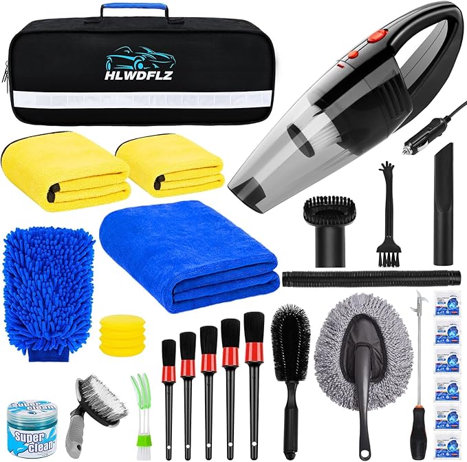 30PCS Car Wash Cleaning Kit - High Power Portable Car Vacuum Cleaner, Car Interior and Exterior Detailing Set withDuster, Brush, Towels, Wash Mitt