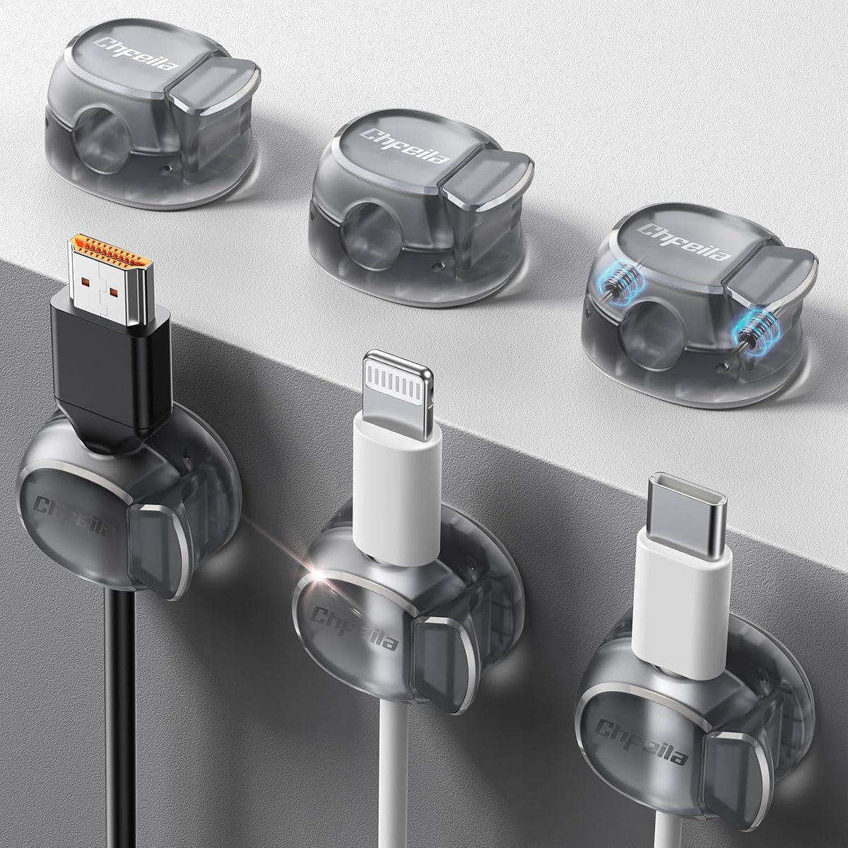 Cable Clips - Chfeila Latest Dual Spring Cord Organizer with Clasp Lock, 6Pack [Max Stability] Desk Cable Management, Adhesive Phone Charging Wire Holder for Nightstand/Car/Wall, Office Accessory