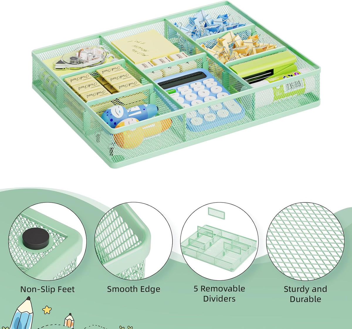 Marbrasse Desk Drawer Organizer, Metal Mesh Drawer Organizer Tray with 5 Adjustable Compartments,Desk Organizers and Accessories for Home,Office,Kitchen,Makeup,Vanity (Green)