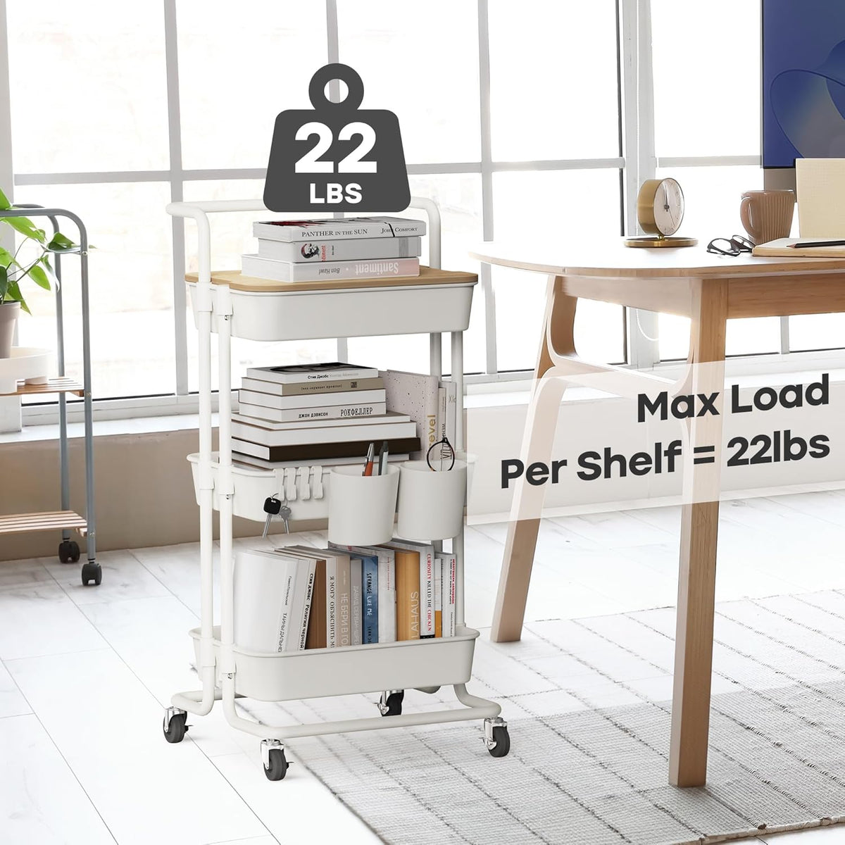 DTK 3 Tier Rolling Utility Cart with Cover Top Board, Movable Kitchen Storage Cart Trolley with Lockable Wheels, Cups, Hooks for Kitchen Bathroom Home Office Art Craft Storage and Organization(White)