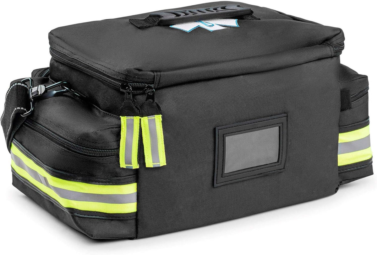 Scherber First Responder Fully-Stocked Professional Essentials EMT/EMS Trauma Kit | HSA/FSA Approved | Reflective Bag w/8 Zippered Pockets & Compartments & 200+ First Aid Supplies - Black