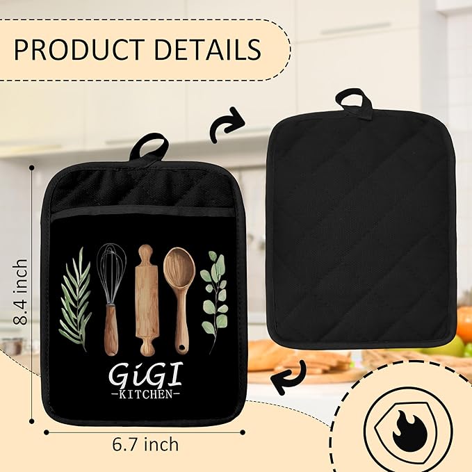 Gigi Grandma Kitchen Gifts Pot Holders 2 Pack Set, Grandma Baking Cooking Gift, Gift for Gigi Grandmother Gifts Heat Resistant Oven Hot Pads for Kitchen Countertop Baking