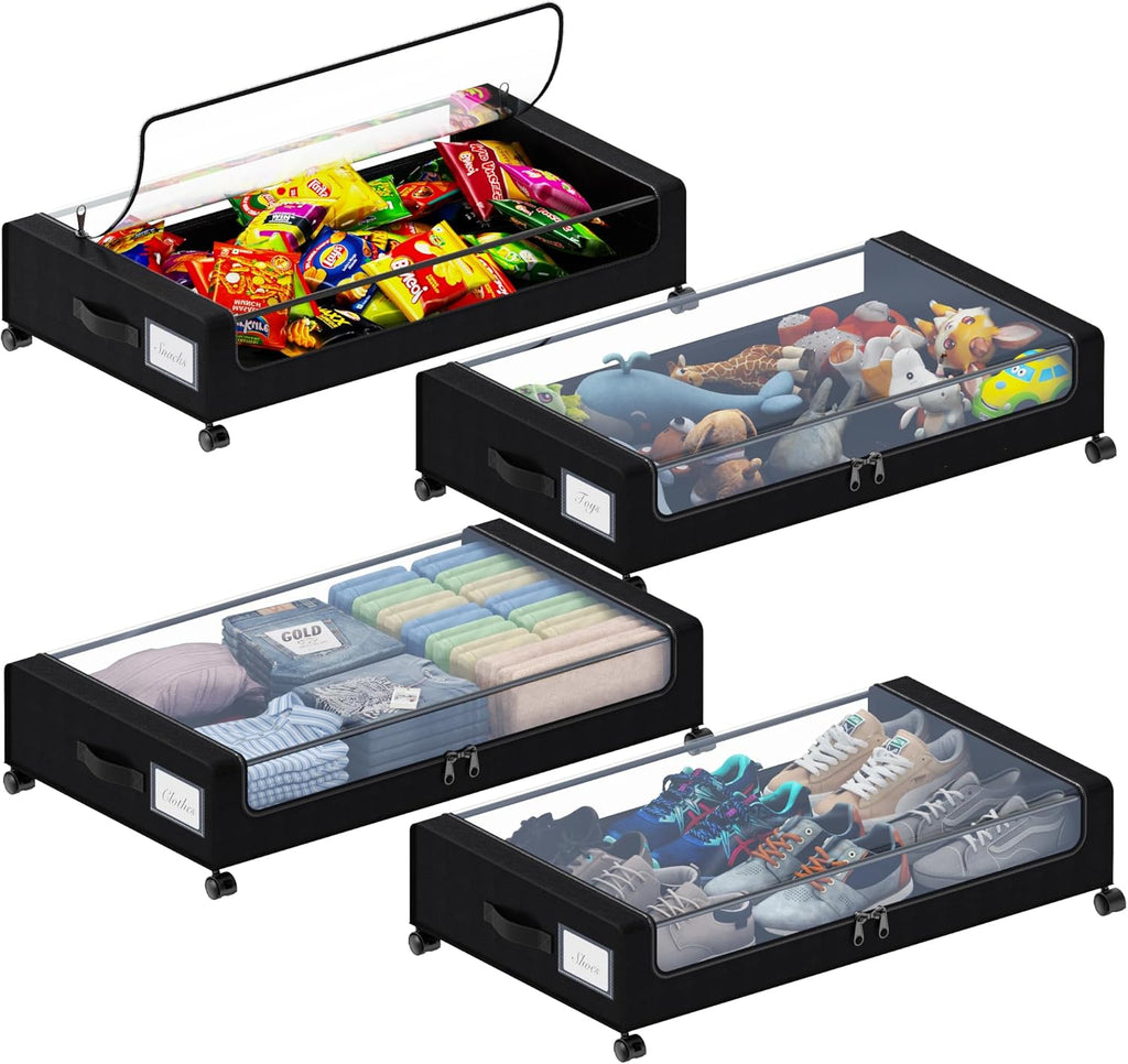 Under Bed Storage with Wheels, XXL 60L Under the Bed Storage Bins, Underbed Storage Containers with Lids & Label, Rolling Metal Drawer for Shoes, Clothes, Books, Toys (4-Pack Black)