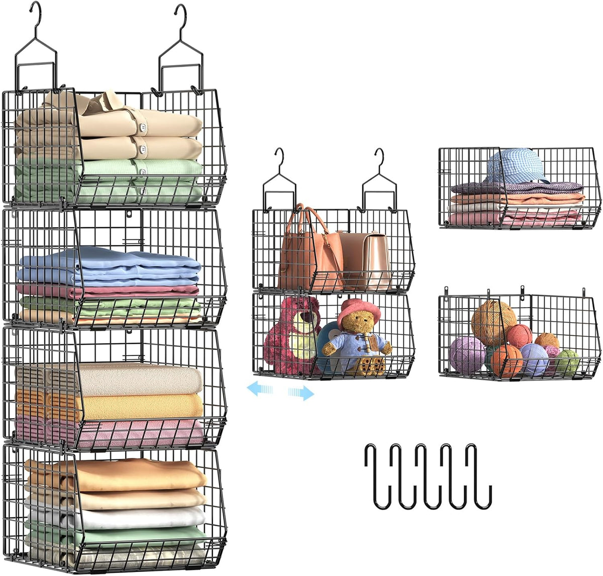4" Extra Deeper Hanging Closet Organizers and Storage,4 Tier Foldable Wire Cabinet Shelves with 5 S Hooks,Small Metal Basket Bins for Clothes Sweaters Handbags, Wardrobe for Kitchen Laundry Room，Black
