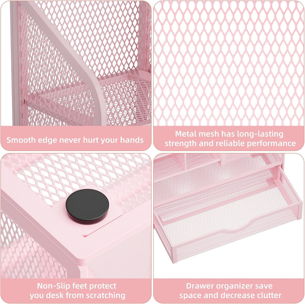 Marbrasse Mesh Desk Organizer with Drawer, Multi-Functional Pencil Organizer, 12 Compartments, Pink, Modern, Minimalist