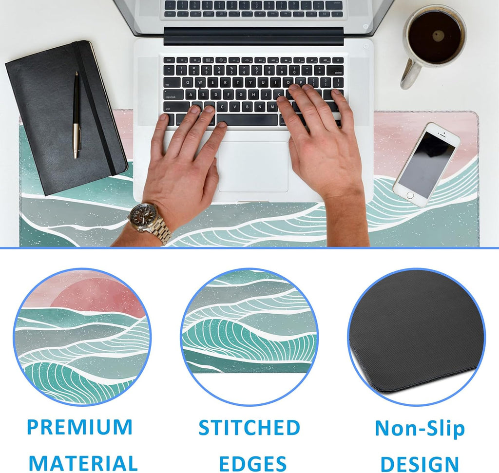 Ocean Wave and Mountain Large Gaming Mouse Pad,Waterproof Desk Mat for Desktop,Non-Slip Rubber Base Mousepad with Stitched Edges for Laptop Office and Home 35.4X15.7 Inch