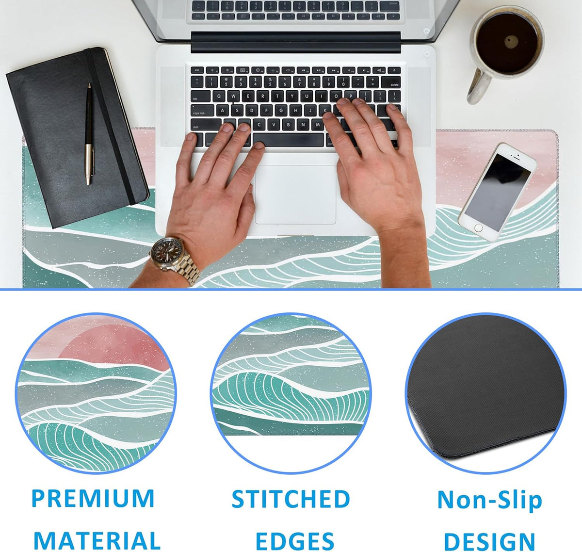 Ocean Wave and Mountain Large Gaming Mouse Pad,Waterproof Desk Mat for Desktop,Non-Slip Rubber Base Mousepad with Stitched Edges for Laptop Office and Home 35.4X15.7 Inch