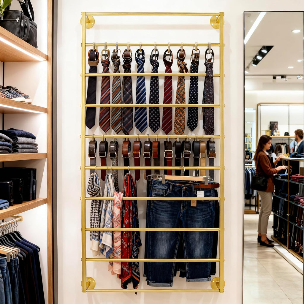 10-Layer Wall Mounted Display Rack, Tie & Scarf Rack Belt Towel Holder Wrapping Paper Ribbon Organizer Metal Shelving Scarves Belts Necktie Hijab Stand for Home, Retail Stores, Flower Shop