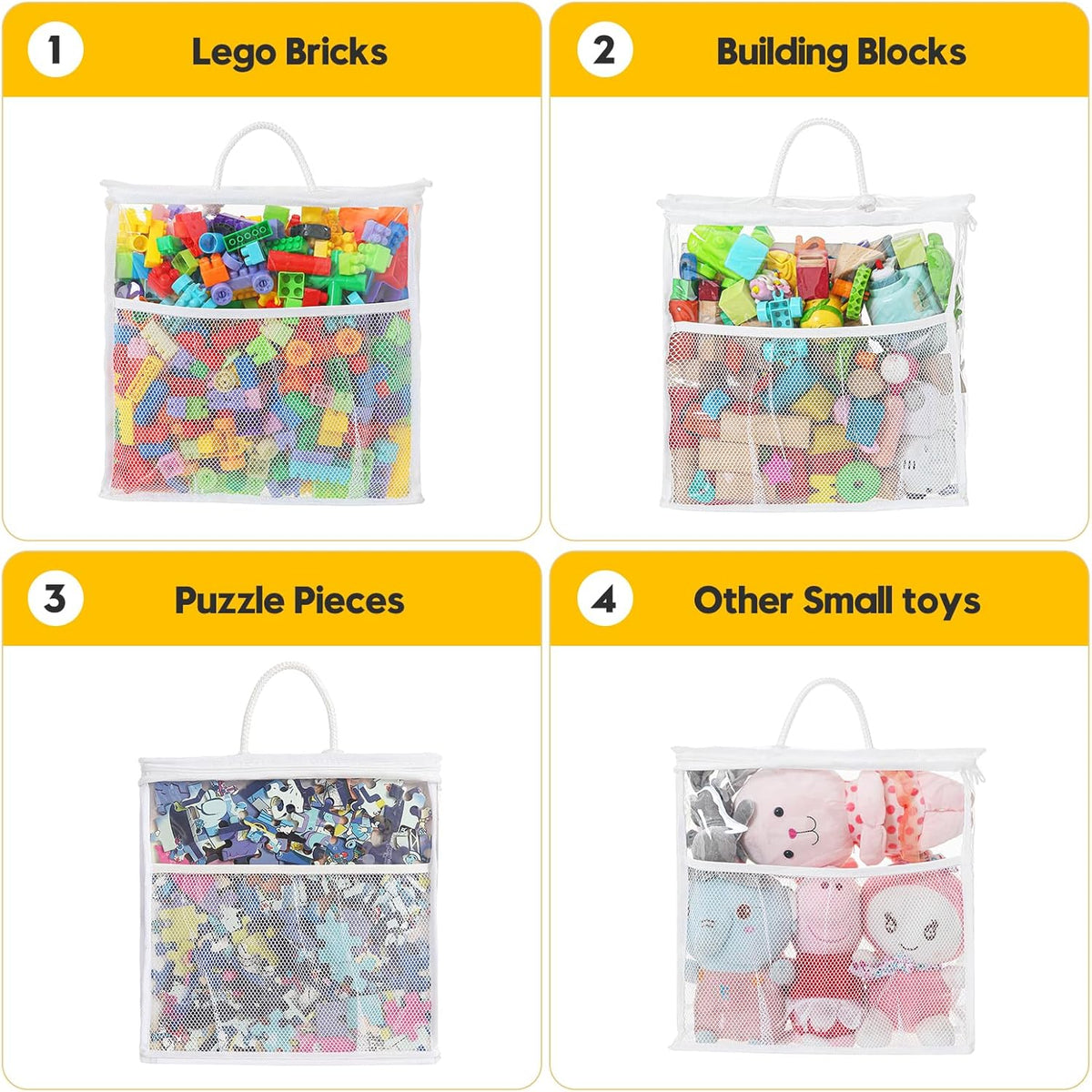 10 PCS Clear Zippered Toy Storage Bags with handle, Kids Toy Storage Organizer with Mesh Pocket for Instructions, Playroom Organizer Plastic Bags for Blocks Set Puzzles-White