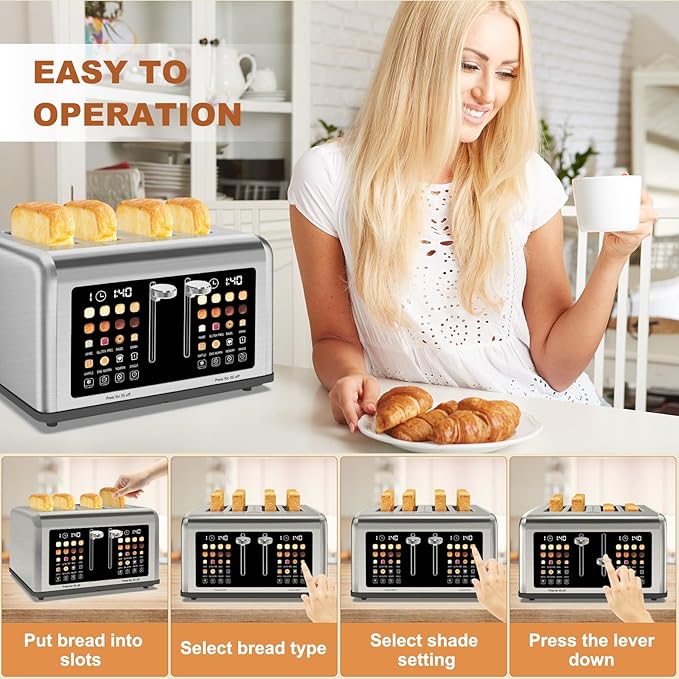 4 Slice Toaster Touch Screen, Stainless Steel Toasters Digital Timer, Dual