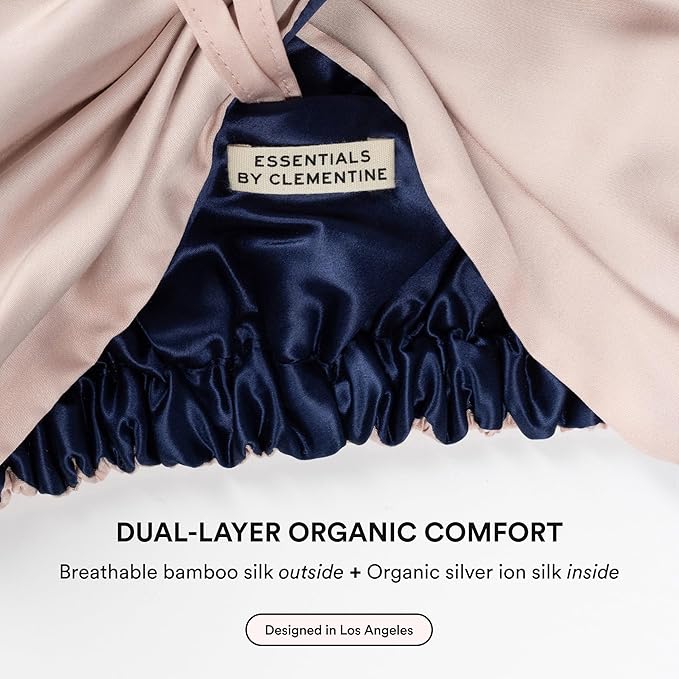 Essentials by Clementine Organic Hair Bonnet in Ballet Pink | Silver Ion Silk Lined Bamboo Sleep Cap for Frizz-Free, Curly Hair, and Scalp Health