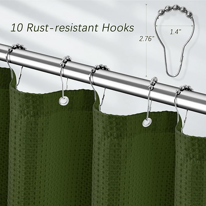 PANGSINNE 60 inch Waffle Shower Curtain - Heavy Duty Thick Fabric Green Shower Curtains for Bathroom, Weighted Hotel Spa Luxury Water Repellent Cloth Bath Curtain with 10 Hooks, 60Wx72H