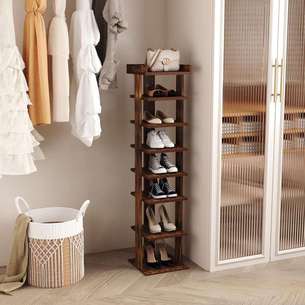 HOMEFORT 7-Tier Wood Shoe Rack, Entryway Shoe Tower,Vertical Shoe Organizer, Wooden Shoe Storage Stand, Rustic Brown