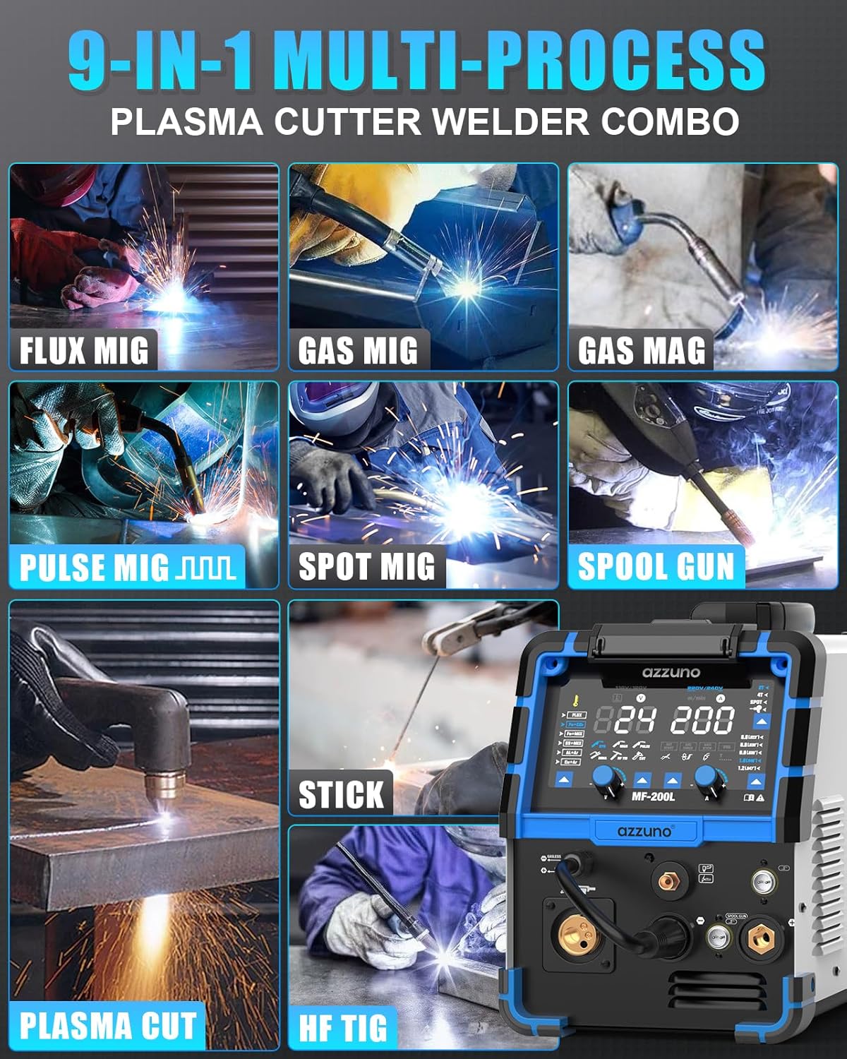 AZZUNO 200A Plasma Cutter Welder Combo, 9 in 1 Multiprocess Welder Machine Gas MIG/PULSE MIG/MAG/Flux Gasless MIG/Spool Gun Compatible/HF TIG/Stick/CUT/SPOT MIG, 110/220V Aluminum MIG Welding Machine