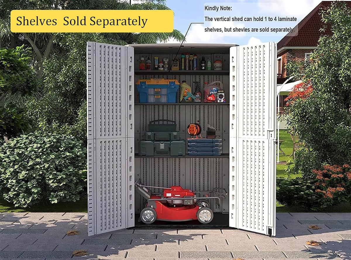 HOMSPARK Storage Shed Weather Resistance, Multi-Purpose Outdoor Storage Cabinet Waterproof, Outdoor Storage Cabinet for Garbage Cans, Lawnmower, Garden Accessories (Off White, Tall shed-53 cu ft)