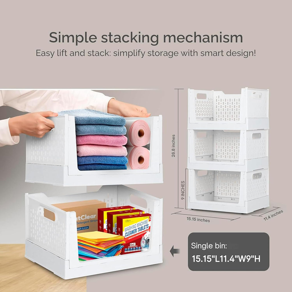 TidyFriend Stackable Storage Bins with Wheels, 3 Pack Foldable Storage Bins Box, Plastic Shelves Drawer Organizer Container for Closet Office Bedroom Kitchen Bathroom (Ivory)