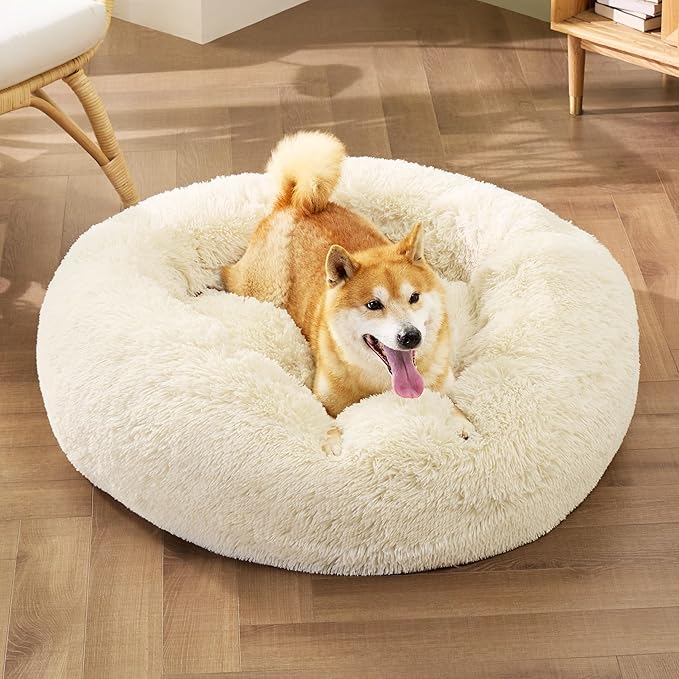 Bedsure Calming Dog Bed for Medium Dogs - Donut Washable Medium Pet Bed, Anti-Slip Round Fluffy Plush Faux Fur Cat Bed, Fits up to 45 lbs Pets, Ivory Beige, 30 inches