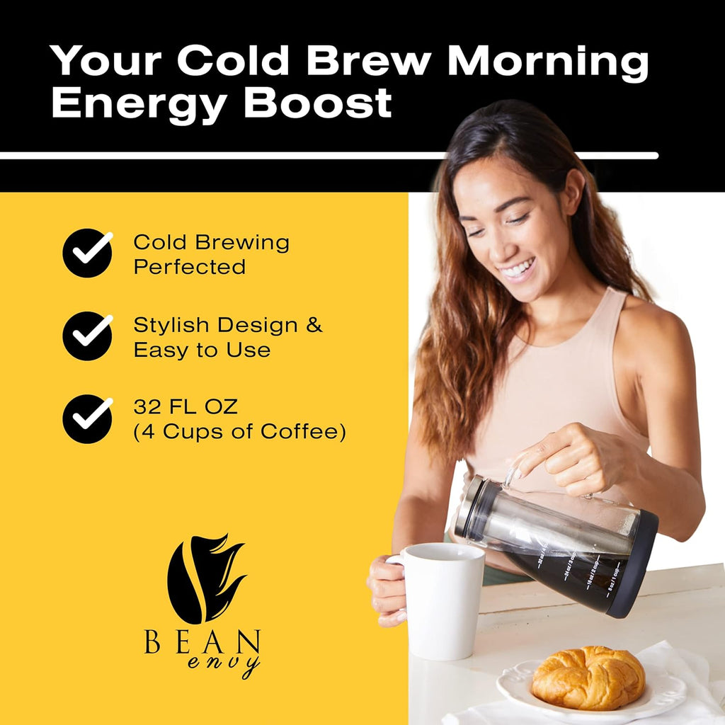 Bean Envy Cold Brew Coffee Maker - 32 oz Glass Coffee Cold Brew Maker and Pitcher w/Silicone Cap & Base