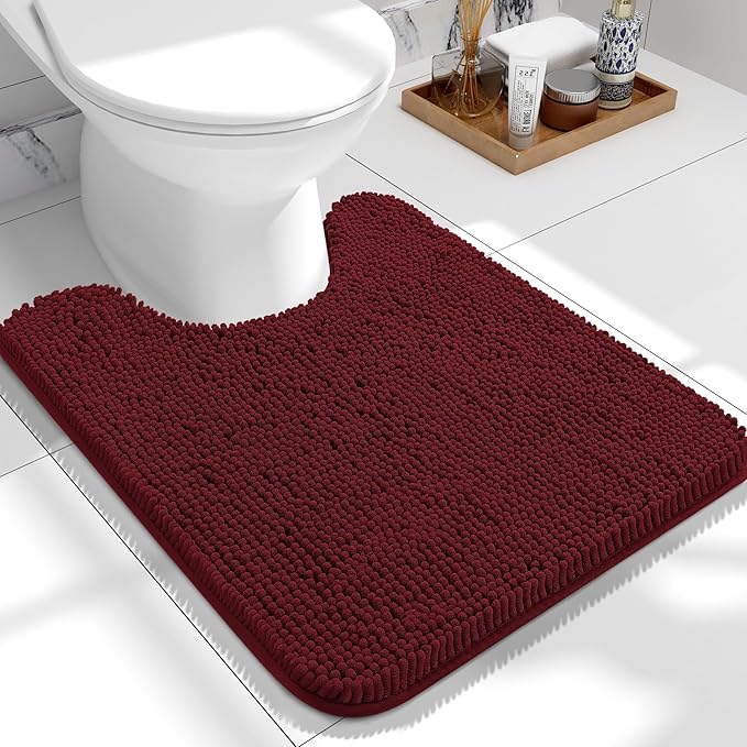 OLANLY Toilet Rugs U-Shaped 24x20, Extra Soft Absorbent Chenille Contour Bathroom Rugs for Toilet, Dry Quickly, Machine Washable, Non-Slip Bath Mat, Burgundy