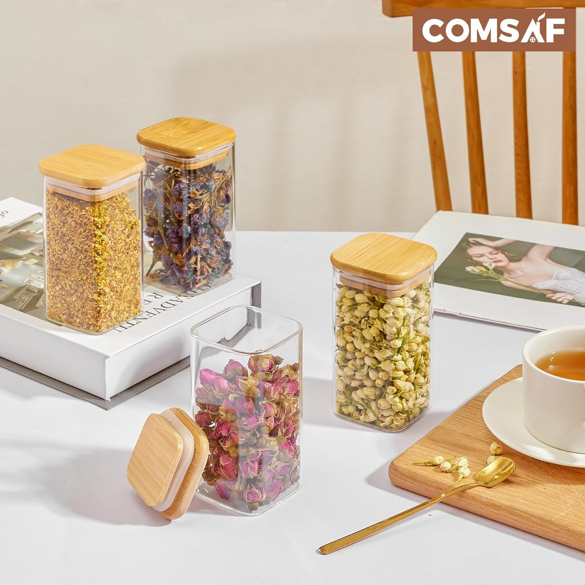 ComSaf 16Pcs Glass Spice Jars with Bamboo Lid, 10oz Airtight Square Containers with 275 Black Lables, Empty Seasoning Jars for Spice Salt Sugar