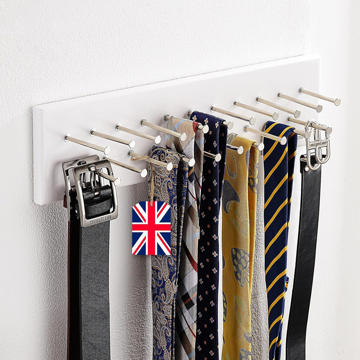 TreeHouse London Tie Rack Organizer – Holds 40 Large Ties – Solid Wood & Sturdy Metal Storage Holder for Closet – Wall Mounted Tie Display Hanger for Wall, Bedroom (White) 16''L x 4.25''H