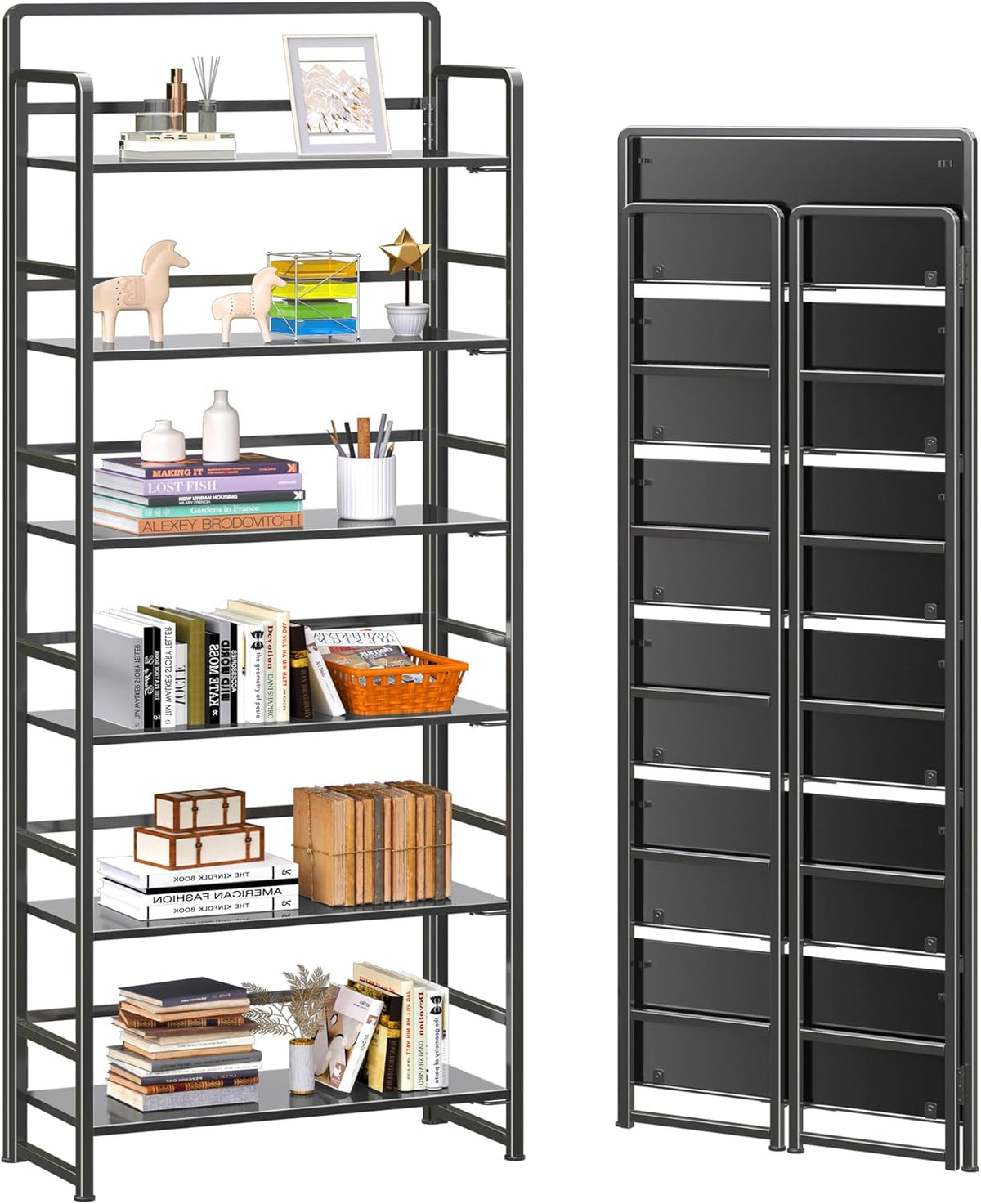 4NM No Assembly 6 Tiers Folding Bookshelf Storage Shelves Vintage Bookcase Standing Racks Study Organizer Home Office (All Black)