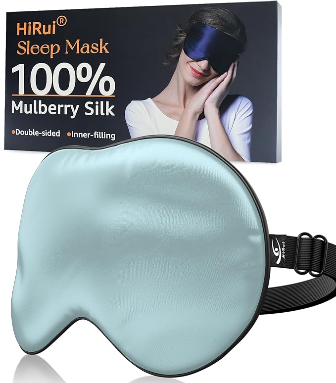 HiRui Silk Sleep Mask, 100% Natural Mulberry Silk of Double-Sided & Inner-Filling, Ultra-Smooth Soft, Adjustable Strap, Blocks Light for Night Sleeping, Travel, Office Naps (Light Blue)