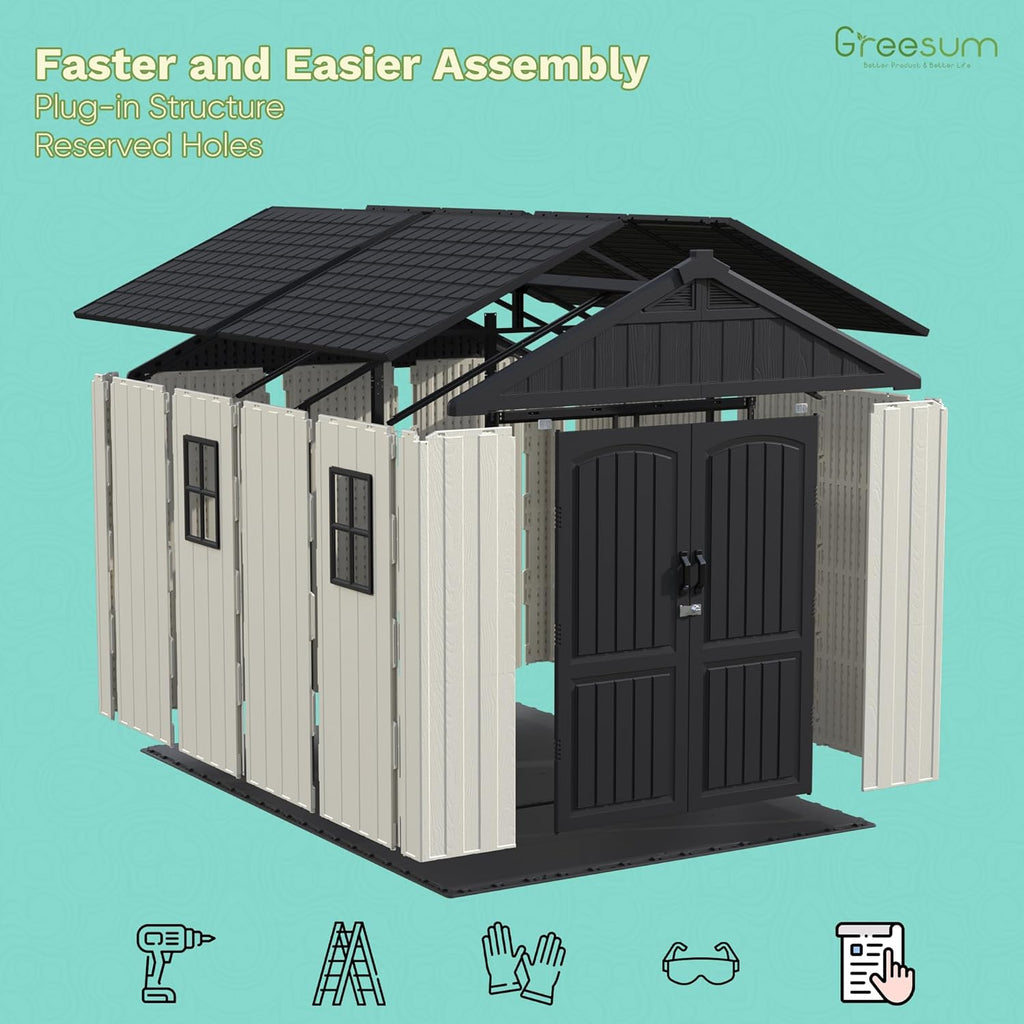 Greesum 8×10 FT Plastic Outdoor Storage Shed with Floor, Resin Sheds with Lockable Door and Window, Weather Resistant Organization for Garden, Lawn, Pool Supplies, Beige