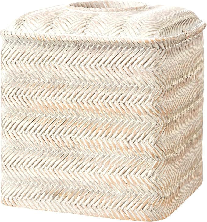 Tissue Box Cover Square Resin Tissue Holder for Home Decor,Hand Carved Wicker Tissue Box Holder,5.3 x 5.3 x 5.9 inches, Farmhouse White