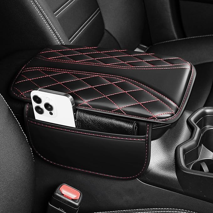 Center Console Cover Fit for TLX: Scratch and Wear Resistant Console Cover Leather with 2 Storage Bags -Upgraded Armrest Coverfor Car,Anti-Scratch Auto Armrest Pad Accessory （Black&Red